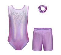 Cucudy Gymnastics Leotards Girls Dancing Set - with Shorts and Headband Sparkling Gradient Color Ballet Gymnastics Outfit for 5-12 Years Girls Unitards Gift (PURPLE SLEEVELESS, TAG 8A(7-8 YEARS))