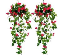 CUCUFA Artificial Hanging Plant 2PCS 39 Inch Silk Morning Glory Fake Hanging Plants Hanging Baskets Faux Vine Flowers NO Basket Only Plant Rose Red Fake Hanging Plants