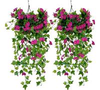 CUCUFA Artificial Hanging Plant 2PCS 39 Inch Silk Morning Glory Fake Hanging Plants Hanging Baskets Artificial Flowers Faux Vine Flowers f NO Basket Only Plant Purple Red Fake Hanging Plants