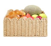 CUCUFA Woven Wicker Storage Baskets, 14.2x10.6x5.9 Wicker Basket, Paper Rope Storage Boxes Bin, Bread Serving Baskets, Scalloped Basket, Snack Storage Bowls, Decorative Display Storage Baskets