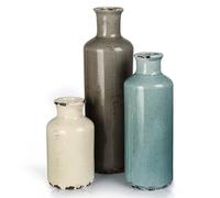CUCUMI Ceramic Vase Set of 3, Rustic Coastal Farmhouse Decor for Shelves, Ocean Beach Style Small Flower Vases for Home Decor, Mantle, Fireplace, Table, Shelf Decorations for Living Room