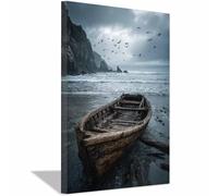 CUDAOO Canvas Wall Art Natural Landscape Abstract Modern Painting Shoal Boats for Living Room Bedroom(Dark grey)-60x80cm Framed