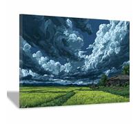 CUDAOO Nature Landscape Canvas Wall Art Painting Field Clouds for Living Room Bedroom Home Decoration(Military green)-60x80cm Framed