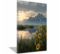 CUDAOO Nature Landscape Canvas Wall Art Painting Mountain Lake Flowers for Living Room Bedroom Home Decoration(yellow)-60x80cm Framed