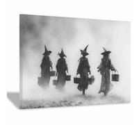CUDAOO Vintage Halloween Canvas Wall Art,Creepy Print Four Witches for the Livings room, bedroom, bathroom, office, kitchen, dorm, apartment(grey119)-70x100cm Framed