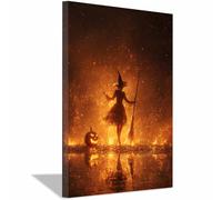 CUDAOO Vintage Halloween Canvas Wall Art,Creepy Print Witch shadow for the Livings room, bedroom, bathroom, office, kitchen, dorm, apartment(golden155)-20x30cm Framed