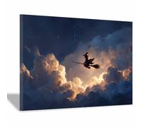 CUDAOO Vintage Halloween Canvas Wall Art,Fall Home Decor Flying in the Clouds for Livings Room Bedroom cozy library corner, or haunted house setups(golden103)-60x80cm Framed