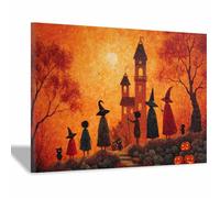 CUDAOO Vintage Halloween Canvas Wall Art,Fall Home Decor Going to the Castle for Livings Room Bedroom cozy library corner, or haunted house setups(Burning Orange97)-20x30cm Framed