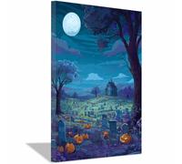 CUDAOO Vintage Halloween Canvas Wall Art,Fall Home Decor House in the graveyard for Livings Room Bedroom cozy library corner, or haunted house setups(haze blue166)-60x90cm Framed