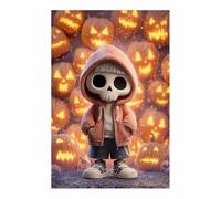 CUDAOO Vintage Halloween Canvas Wall Art,Fall Home Decor Little skeleton for Livings Room Bedroom cozy library corner, or haunted house setups(orange154)-70x100cm Unframed