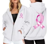 Cuddle Jacket Women's Fleece Hoodie with Zipper and Pockets Breast Cancer Awareness Pullover Soft Warm Comfortable Casual Sporty Sweatshirt for Japanese Clothing Women, White, L
