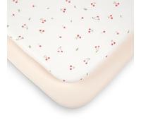 CuddleCo Universal Crib Sleeper Sheets 2pk in Ditsy Cherry - 90 x 50cm - Premium 100% Cotton Moses Basket Fitted Sheet Set for Next To Me Cribs and Cradles - Soft & Breathable Bedding Essentials