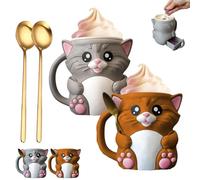Cuddles The Cat Ice Pint Holder, 3D Printed Kitty Cup with Handle & Snack Drawer, Cute Leak Proof Cat Ice Cream Pint Holder, for Cat Lovers Gifts (Gray+Brown)