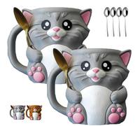 Cuddles, The Cat Ice Pint Holder, 3D Printing Cute Kitten Ice Cream Pint Containers with Handle and Two Spoon, Leak Proof ICES Creams Pints Sleeves Cover Cooler for Cat Lover Gifts(Gray*2pcs)