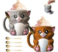 Cuddles, the Cat Ice Pint Holder with Handle and Two Spoon, Fits 1 Pint Ice Cream Holder, Leak Proof Cute Kitten Ices Creams Pints Sleeves Cover for Kids & Adults Family Sharing(Gray+Brown Cat)