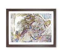 Cuddling Lions No.2 Modern BG Framed Print | A2 Walnut Framed Wall Art | Ready to Hang | Modern Animal Picture | Living Room Bedroom Lounge Office