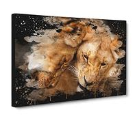 Cuddling Lions No.2 Modern CB Canvas Print | Gallery Wrapped 30mm Frame Wall Art | 24x16 inches | Ready to Hang | Modern Animal Picture | Living Room Bedroom Lounge Office