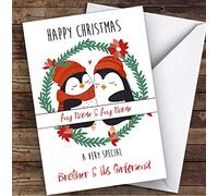 Cuddling Penguins Cute Brother & His Girlfriend Personalised Christmas Card | Christmas Card | Any Relation Xmas Card
