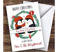 Cuddling Penguins Cute Son & His Boyfriend Personalised Christmas Card - Special Relative Personalised Christmas Card, Adult Christmas Card