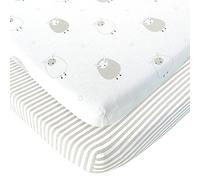 Cuddly Cubs Pack n Play Sheets | 2 Pack Playard Sheet For Baby Girl and Boy | 100% Jersey Cotton Unisex Mini Portable Crib Sheets | Sheep and Stripe in Grey | Best Baby Shower Gift | Fits Graco