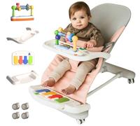 CuddoBaby Baby Bouncer 4-in-1 on Wheels 【Detachable Pianos, Feeding Tray】 3-Level Recline Foldable Seat with Play Bar for Infant to Toddler 0-6, 0-12, 12-24 Months, Girl Gift Idea, Upto 29Lbs - Pink