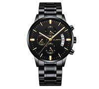 CUENA Men's Analogue Elegant Formal Executive Exclusive Modern Work Calendar Stainless Steel Extendable Adjustable Butterfly Safety Clasp, Black with gold, Bracelet