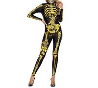CUEPANDA Womens Halloween Costumes Skeleton Costume Jumpsuit Long Sleeve Skinny 3D Print Skull Bodysuit Cosplay Outfit, Gold Skeleton, Large