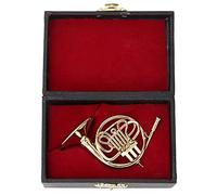 Cuerno francés en miniatura con soporte y estuche, latón dorado mini instrumento musical adorno decoración casa de muñecas accesorios modelo decoración del hogar exhibición