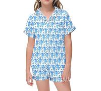 CUEYU 2 Piece Floral Pajamas Set for Kids Short Sleeve Monkey Bunny Tiger Floral Shorts Set Boys and Girls Button Pajamas Shorts Set,Sky Blue,6-7 Years,130cm