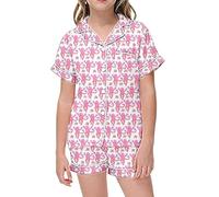 CUEYU 2 Piece Floral Pajamas Set for Kids Short Sleeve Monkey Bunny Tiger Floral Shorts Set Boys and Girls Button Pajamas Shorts Set,Pink,4-5Years,120cm