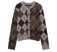 CUFEZN Womens Argyle Preppy Cardigan Sweater Casual Long Sleeve Button Down Color Block Knit Cardigan Spring Fall Knitwears, Brown, Small