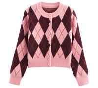 CUFEZN Womens Argyle Preppy Cardigan Sweater Casual Long Sleeve Button Down Color Block Knit Cardigan Spring Fall Knitwears, Pink, Small