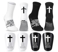 Cuffbow 2 Pairs Mini Soccer Shin Guards with 2 Sets Cross Grip Socks, Small Christian Socks, Bible Verse Soccer Socks, Religious Sports Sets