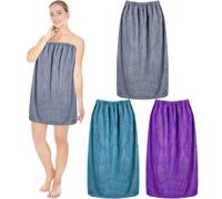 Cuffbow 3 Pcs Towel Wrap for Women Spa Body Robe Full Length Female Bath Shower with Adjustable Closure Elastic Top Plush, Lake Blue, Dark Purple, Dark Gray, One Size