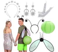 Cuffbow 6 Pcs Halloween Couple Costume Set Firefly Star Moon Goddess Outfit, Celestial Crystal Headband Earrings Firefly Wings Antenna Headband Sequin Arm Sleeves Tail Halloween Cosplay Accessories