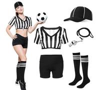 Cuffbow Women Referee Costume White and Black Stripe Ref Shirt Jersey Shorts Referee Hat Whistle for Football Soccer Cosplay