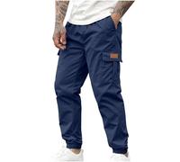 Cuffed Cargo Pants for Men, Solid Combat Trousers with Multiple Pockets, Elasticated Waist Drawstring Trousers, Lightweight Outdoor Jogging Walking Sweatpants, Casual Comfy Sweatpants Men Navy