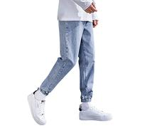 Cuffed Jeans Mens Elasticated Waist Jogger Style Drawstring Straight Leg Cinch Bottom Jean Tracksuit Bottoms Classic Distressed Cotton Washed Heavy Duty Work Denim Jean Trousers with Pockets