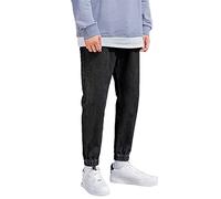 Cuffed Jeans Mens Elasticated Waist Jogger Style Drawstring Straight Leg Cinch Bottom Jean Tracksuit Bottoms Classic Distressed Cotton Washed Heavy Duty Work Denim Jean Trousers with Pockets Black