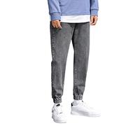 Cuffed Jeans Mens Elasticated Waist Jogger Style Drawstring Work Denim Jean Trousers Regular Fit Straight Leg Cinch Bottom Jean Tracksuit Bottoms with Pockets Grey