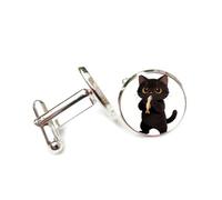 Cufflinks, Black Cute Cat, Eating Fish, Standing On The Ground, Personalized Cuff Buckle, Sparkly Shirt Accessory Gift For Accountant Boss Business Wedding Prom Formal Occasion