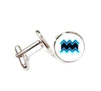 Cufflinks, Blue Abstract Totem Technological Cyber Neon, Aquarius Twelve Zodiac Signs, Personalized Cuff Buckle, Shirt Accessory Gift For Accountant Boss Business Wedding Prom Formal Occasion