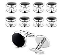 Cufflinks for Men, 10 PCS Men's Cufflinks Black and Silver Cuff Links Mens Round Tuxedo Studs Set for Wedding Banquet Ceremony Business