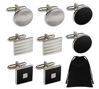 Cufflinks for Men, 4 Pairs of Enamel Cuff Links with Black Pouch, Square and Round Design, 2 * 1.8 cm, Mens Cufflinks, Silver and Black Cufflinks for Men, Cuff Links