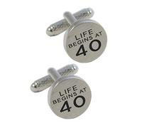 Cufflinks for Men + Presentation Box - 40th Birthday - Life Begins At 40 - Brass Metal - Special Birthday Celebration Milestone - Silver and Black Colours - One Pair
