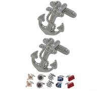 Cufflinks for Men + Presentation Box - Anchor Silver Colour - Ship's Anchor and Rope - Brass Metal - Boat Sailing Sailor Navy Naval Nautical Royal Yacht - One Pair