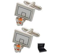 Cufflinks for Men + Presentation Box - Basketball Silver and White Colours - Basket Goal Net Court Match Sport Shoot Ball Hoop Goal - One Pair