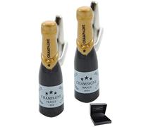 Cufflinks for Men + Presentation Box - Black - Champagne Bottle - Solid Brass Metal - Celebration Bubbly Magnum Special Occasion - Black and Gold Colours - One Pair