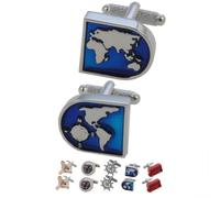 Cufflinks for Men + Presentation Box - Blue and Silver Colours - World Map - Brass Metal - Blue and Silver Coloured Earth Face - Travel The Globe - One Pair