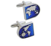 Cufflinks for Men + Presentation Box - Blue and Silver Colours - World Map - Brass Metal - Navy Blue and Silver Coloured Earth Face - Travel The Globe - One Pair